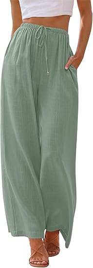 Women's Linen Summer Palazzo Pants Flowy Wide Leg Beach Pants with Pockets