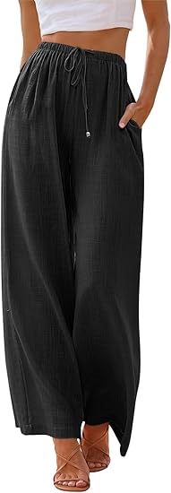 Women's Linen Summer Palazzo Pants Flowy Wide Leg Beach Pants with Pockets